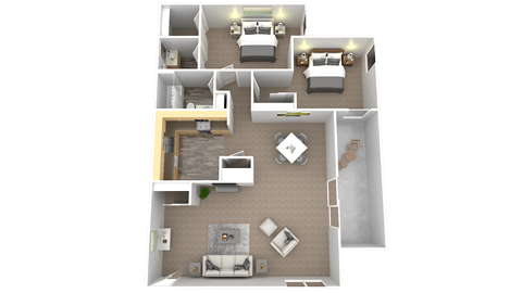 Floor plan for 2 beds, 1 bath, 916 sqft